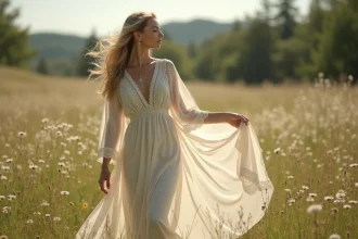 Robe de mariée bohème en mousseline ivoire avec dentelle dans un champ de fleurs sauvages, tendances 2026