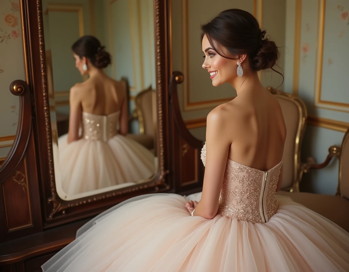 Mariée en robe bouffante pailletée champagne et or rose assise devant un miroir vintage dans un salon de coiffure nuptial élégant