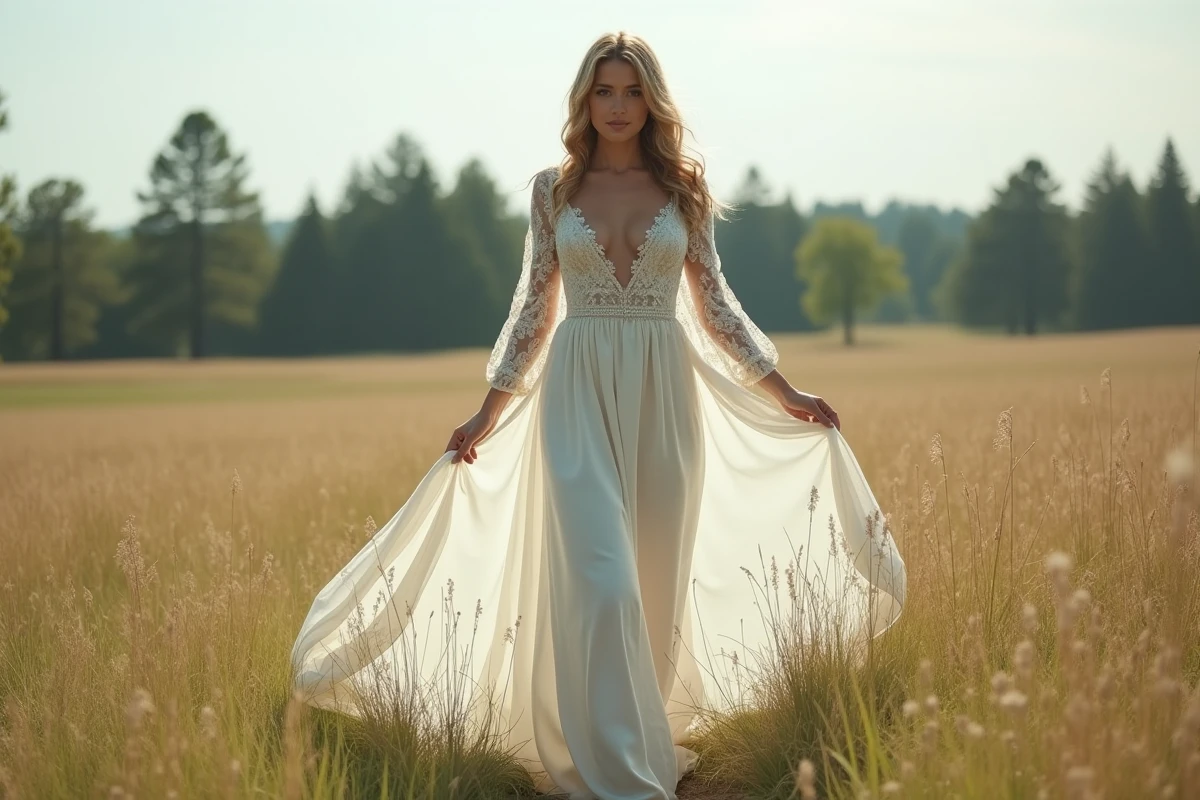 Mariée en robe longue dentelle manches évêque dans une prairie naturelle, tendance robes de mariée couture 2026
