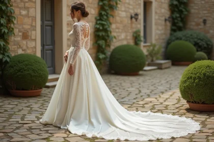 Mariée en robe de mariée dentelle manches longues dans une cour de château français, tendance couture 2026