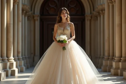 Robe de mariée princesse bouffante à bustier pailleté or et argent devant une cathédrale baroque, jupe en tulle volumineuse et bouquet de pivoines blanches
