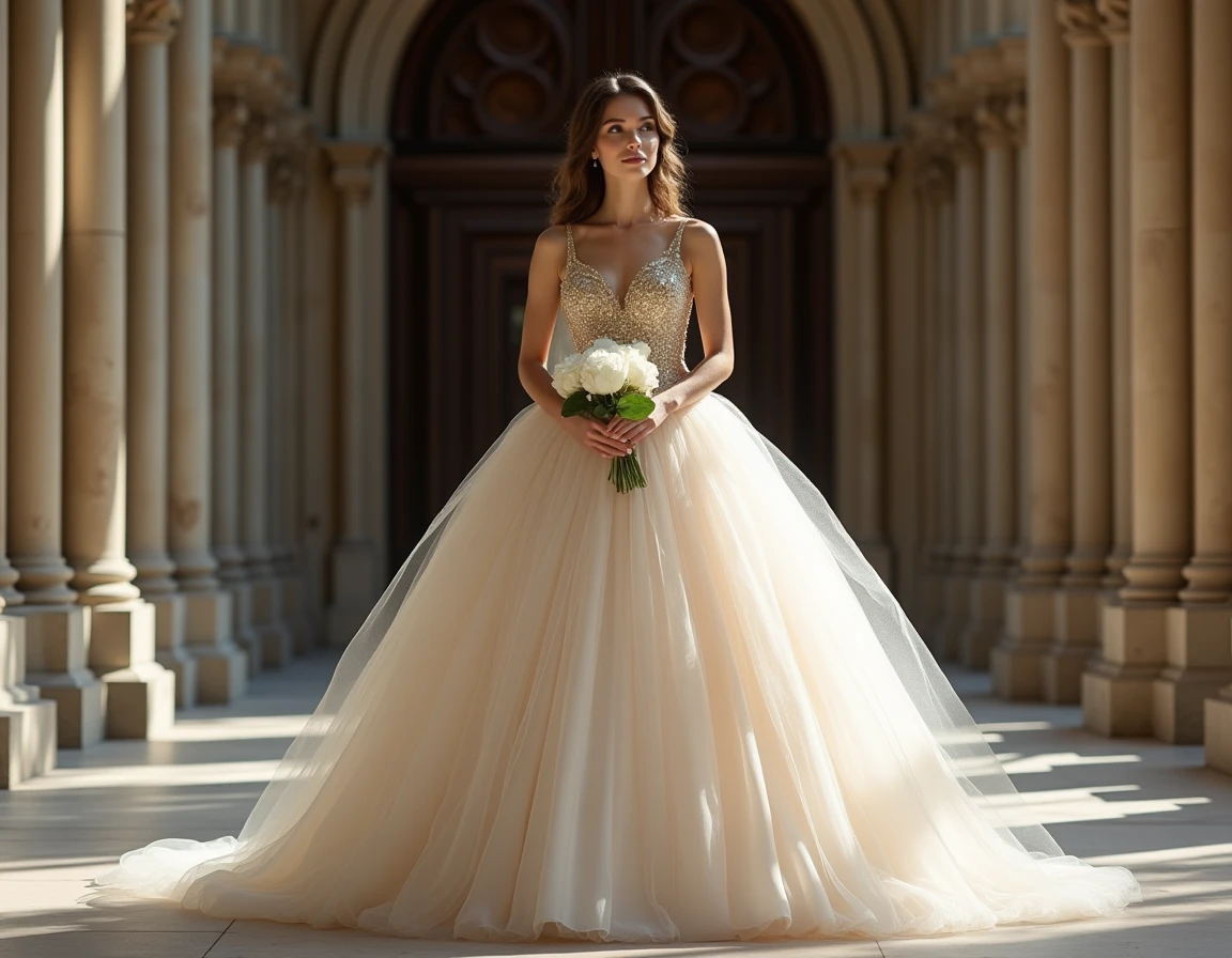 Robe de mariée princesse bouffante à bustier pailleté or et argent devant une cathédrale baroque, jupe en tulle volumineuse et bouquet de pivoines blanches