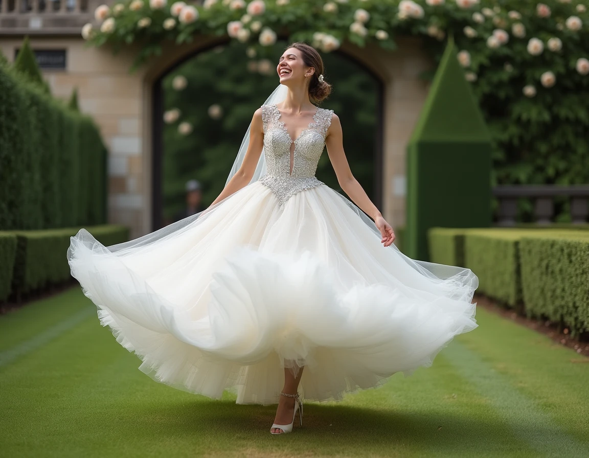 Mariée en robe princesse bouffante pailletée argentée virevoltant dans le jardin d'un château français, jupe en tulle en mouvement circulaire