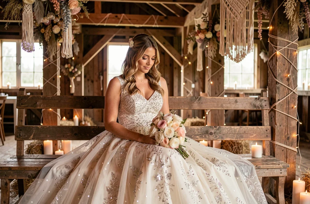 Mariée en robe princesse scintillante à paillettes assise dans une grange rustique bohème décorée de fleurs séchées et macramé