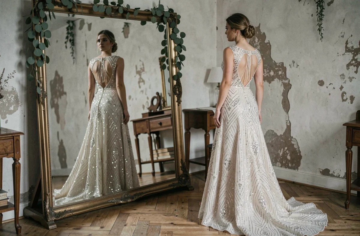 Mariée en robe de mariage princesse strass et paillettes reflétée dans un miroir vintage dans un dressing bohème rustique