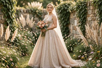 Robe de mariée princesse à strass et paillettes portée dans un jardin bohème fleuri avec voile et bouquet champêtre