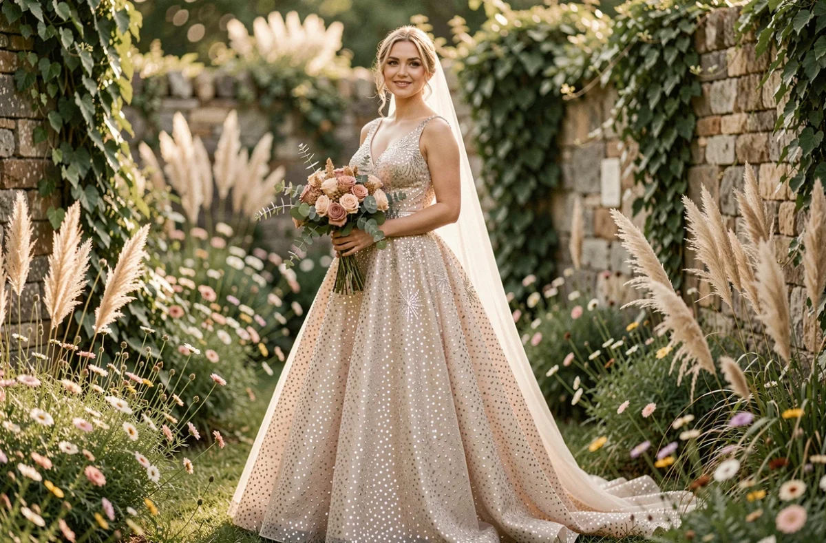 Robe de mariée princesse à strass et paillettes portée dans un jardin bohème fleuri avec voile et bouquet champêtre