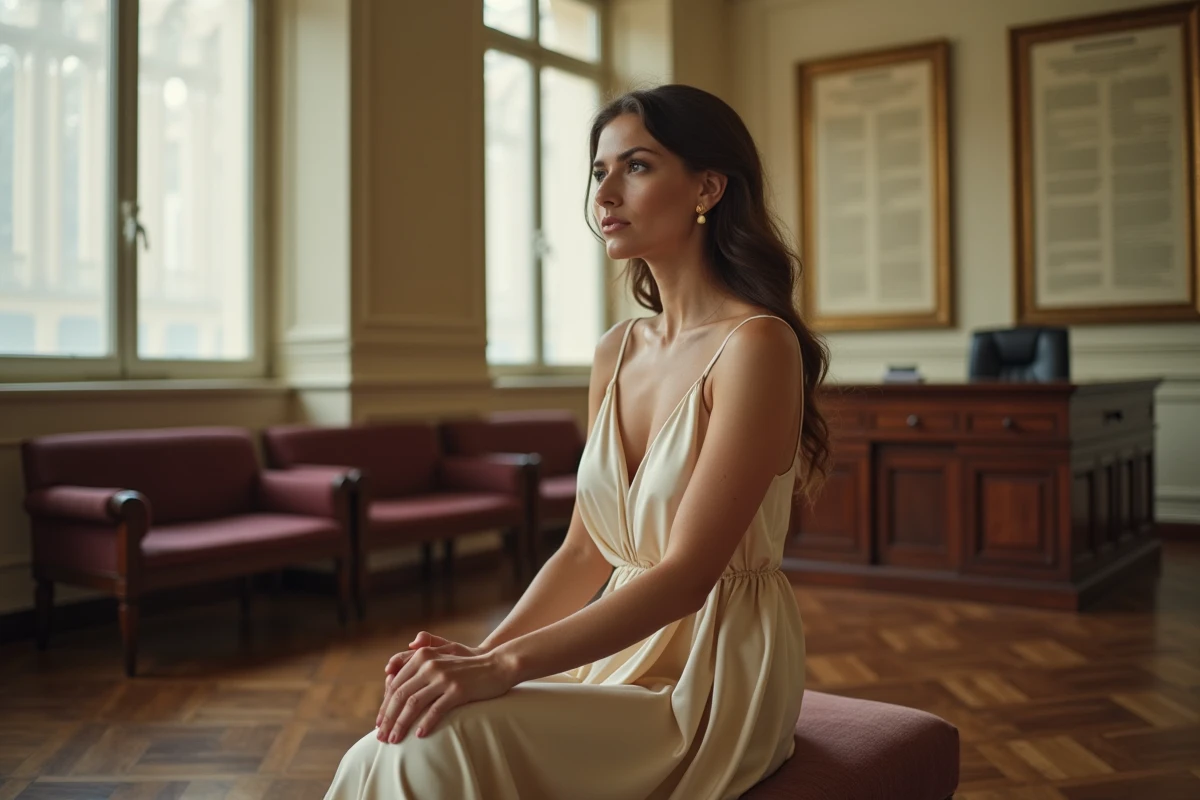 Mariée en robe de satin champagne assise dans une salle de mariage civil à la mairie