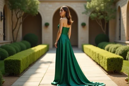 Femme portant une longue robe verte satinée émeraude pour un mariage en extérieur