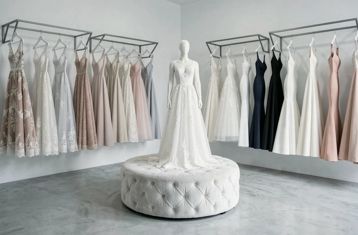 Boutique moderne Robe2mariée avec des robes de mariée variées exposées sur des rails géométriques dans un intérieur épuré