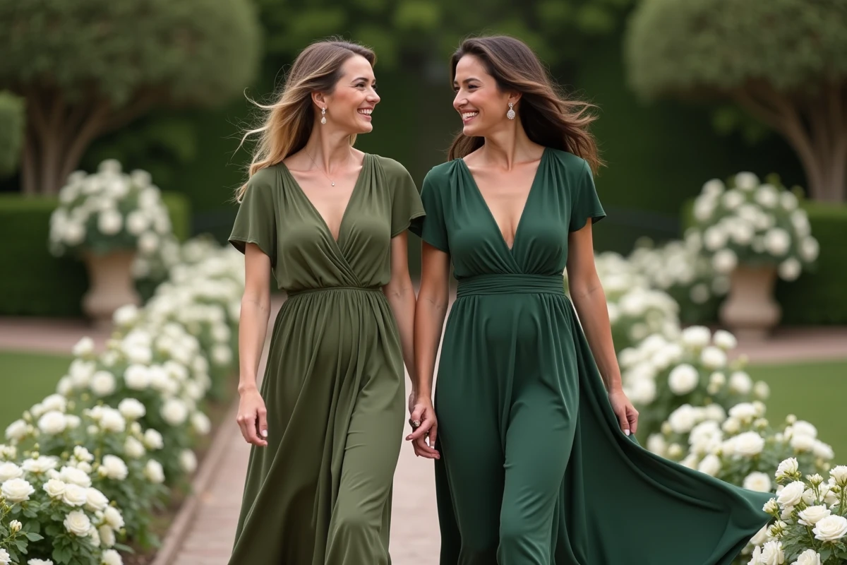 Deux femmes en robes vertes fluides olive et forêt marchant dans un jardin de mariage