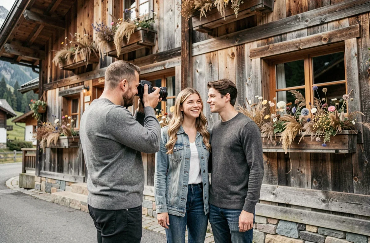 Séance photo de couple réalisée par un photographe local devant un chalet typique de Cluses