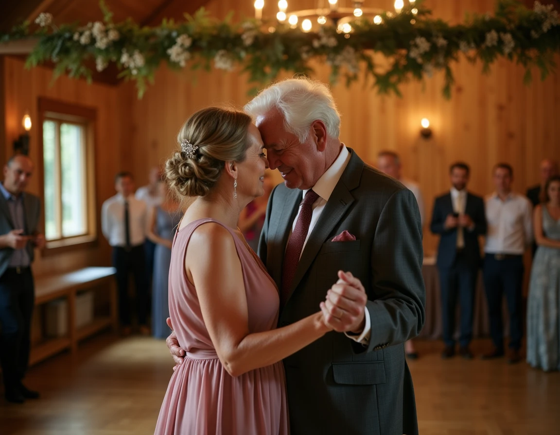 Couple de seniors dansant un slow romantique lors d'un mariage dans une grange rustique décorée de fleurs séchées