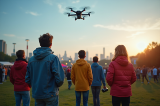Groupe de spectateurs regardant un drone coloré dans le ciel