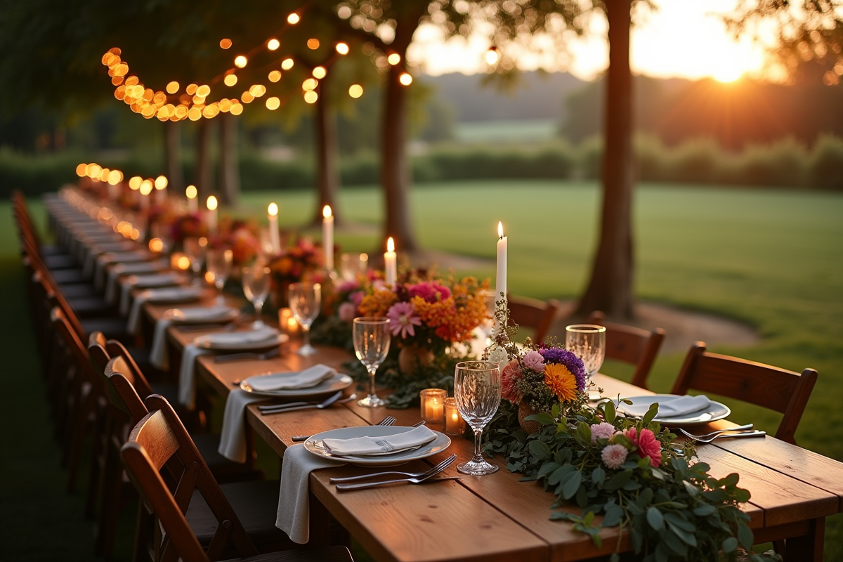 Table de mariage décorée avec fleurs et bougies en plein air