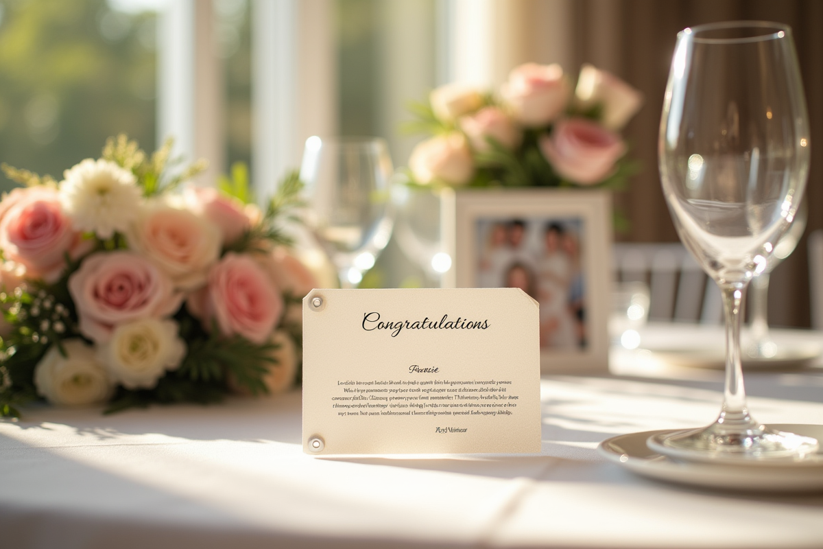 Table de mariage élégante avec lettre de félicitations et photo de famille