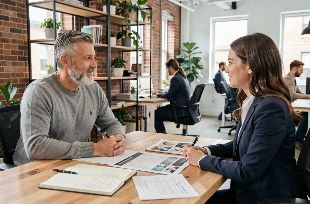 Photographe d'entreprise présentant ses tarifs et prestations à une cliente lors d'une consultation dans un espace de coworking