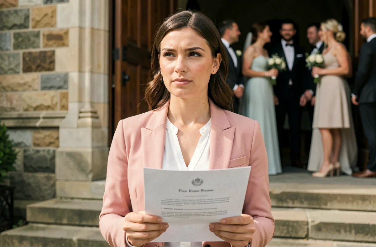 Témoin de mariage féminin tenant un document officiel devant une église lors d'une cérémonie