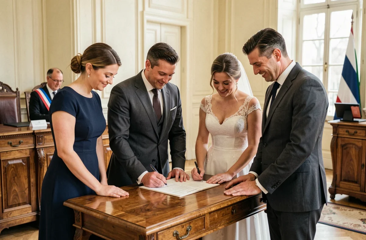 Deux témoins de mariage signant le registre officiel à la mairie aux côtés des mariés