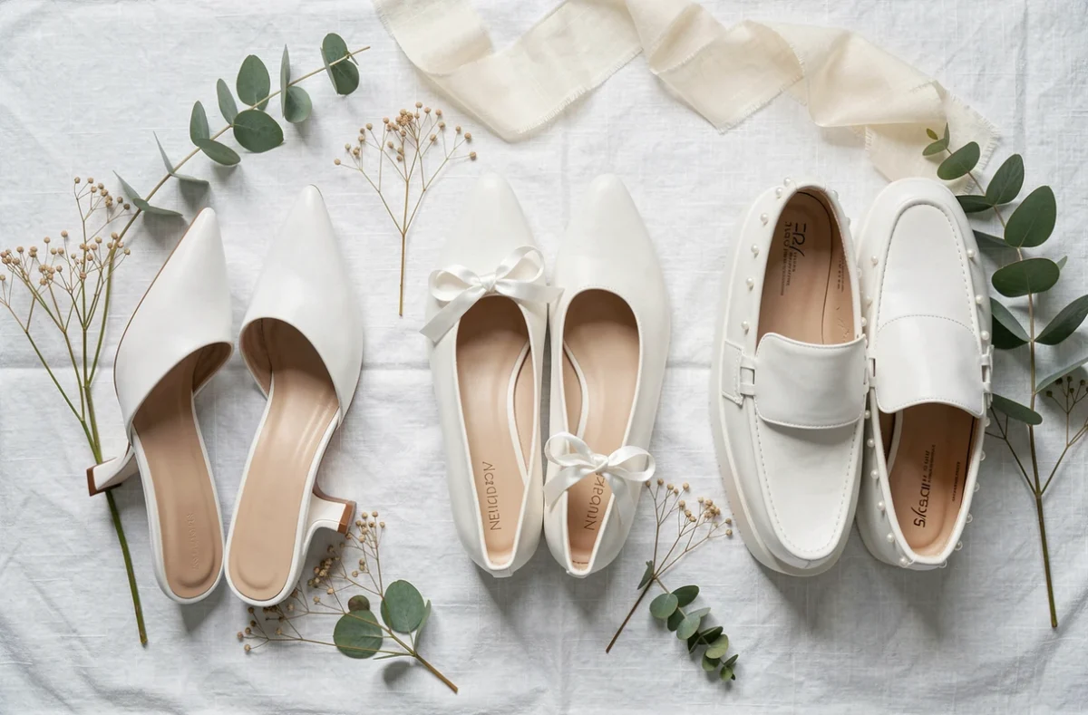 Flat lay de trois modèles de chaussures blanches tendance pour mariage 2026 sur lin blanc avec décoration botanique