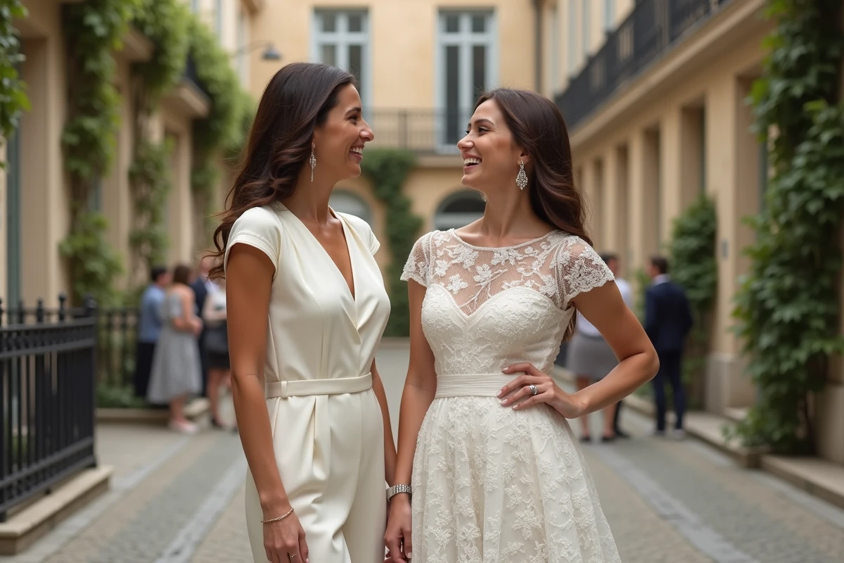 Deux mariées en tenue de mariage civil devant la cour d'une mairie parisienne