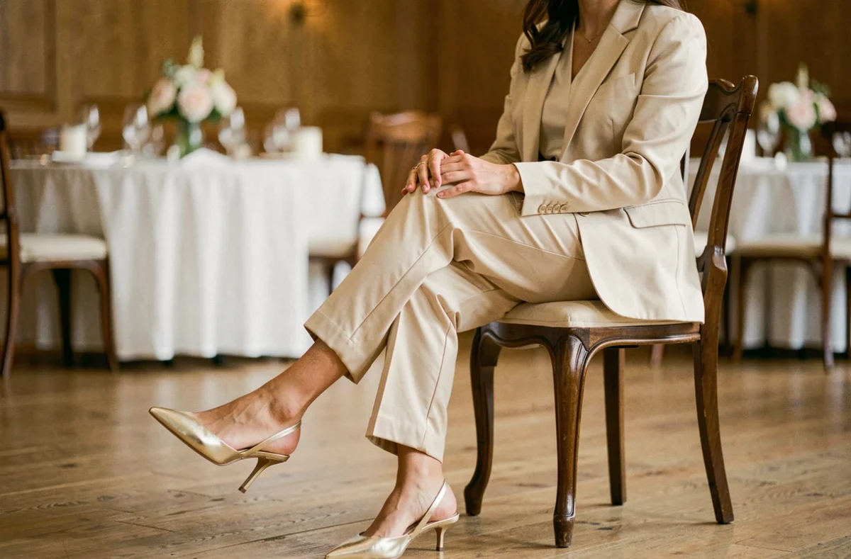 Femme en tailleur pantalon satin champagne avec escarpins dorés à bout pointu lors d'une réception de mariage