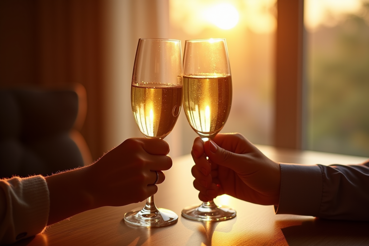 Geste d un toast avec deux verres en cristal sous la lumiere dorée