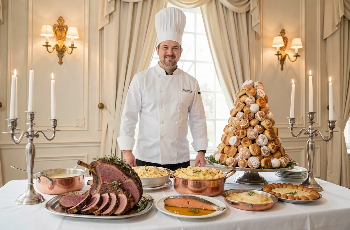Chef du Traiteur Maillet en veste blanche devant un buffet de mariage classique avec gigot d'agneau, croquembouche et saumon en gelée