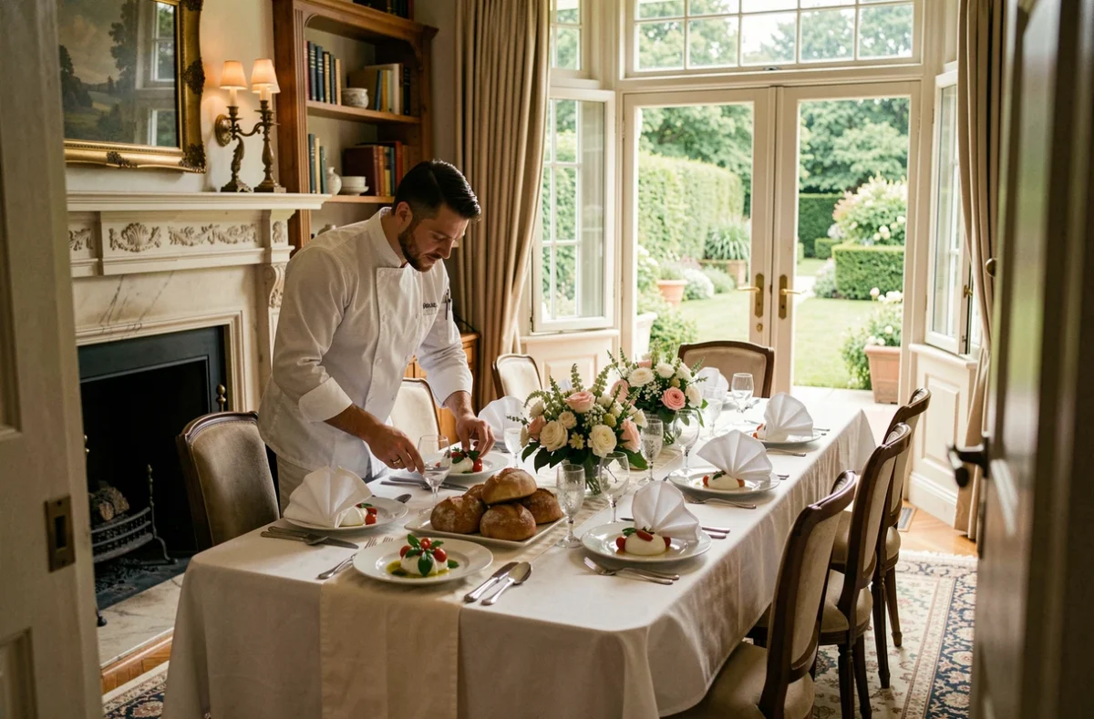 Chef à domicile d'Un Chef à la Maison dressant des assiettes pour un dîner de mariage intime dans une belle demeure privée