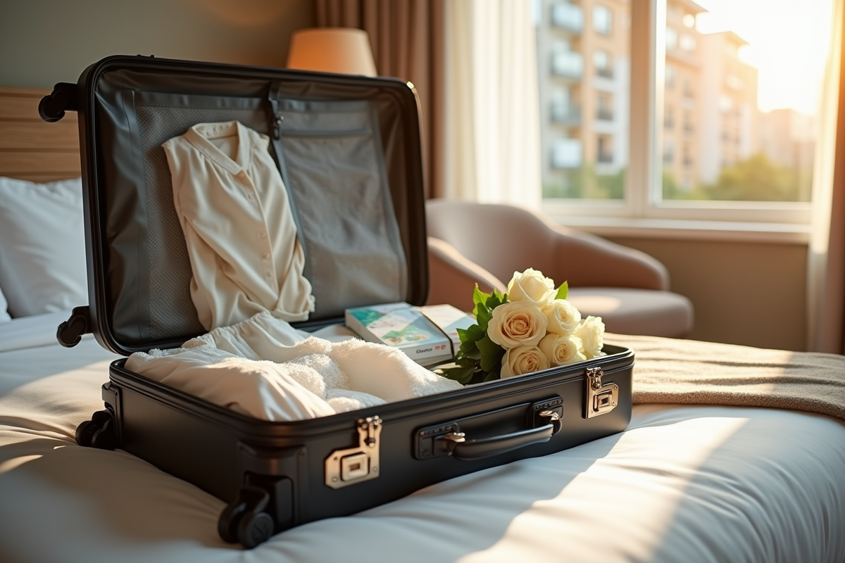 Valise ouverte avec tenue de mariage et roses blanches dans la chambre