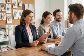 Wedding planner professionnelle en consultation avec un couple pour établir un devis de mariage personnalisé