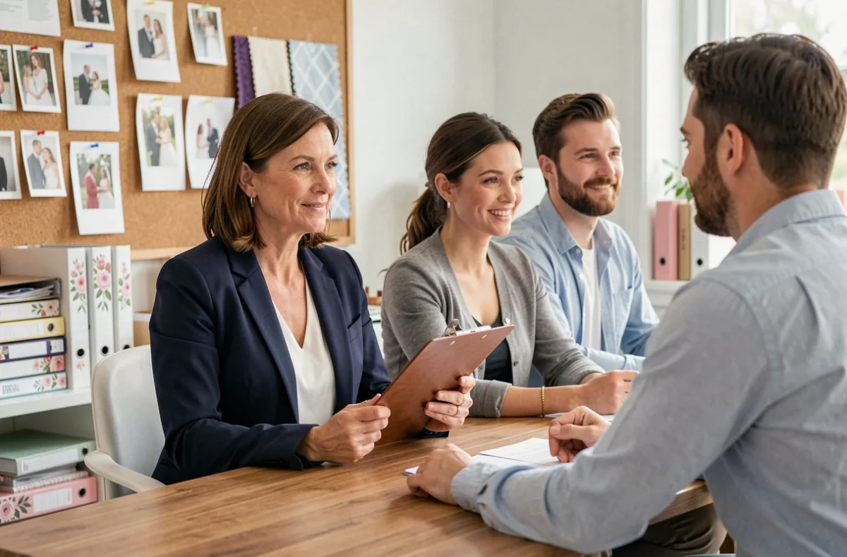 Wedding planner professionnelle en consultation avec un couple pour établir un devis de mariage personnalisé